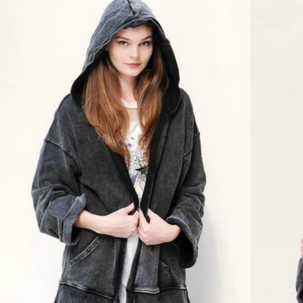 STILLS Cardigan Hoodie Cotton Mineral Washed Oversized Open Front Black S& M NWT